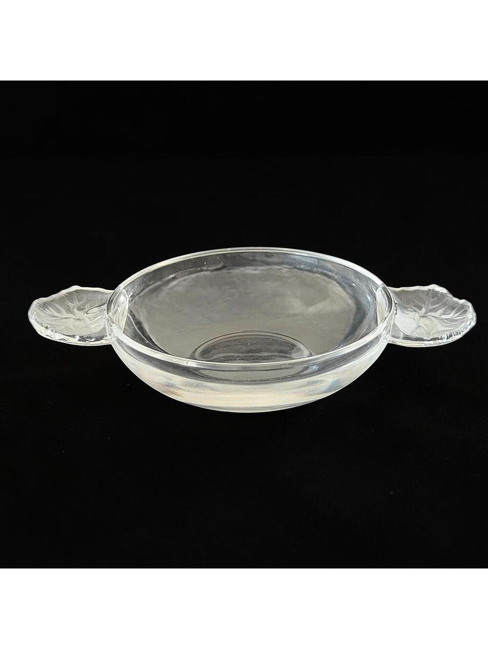 Vintage Lalique Crystal Candy Dish Frosted Leaf Handles - 6" - Signed - H220